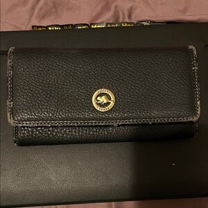 Roots Black Leather Wallet with Gold Accent